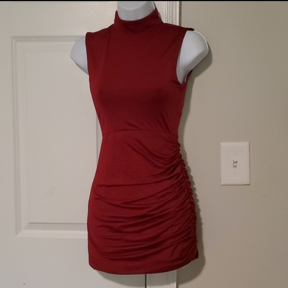 NWT Lovers + Friends red mock neck sleeveless ruched bodycon dress size small